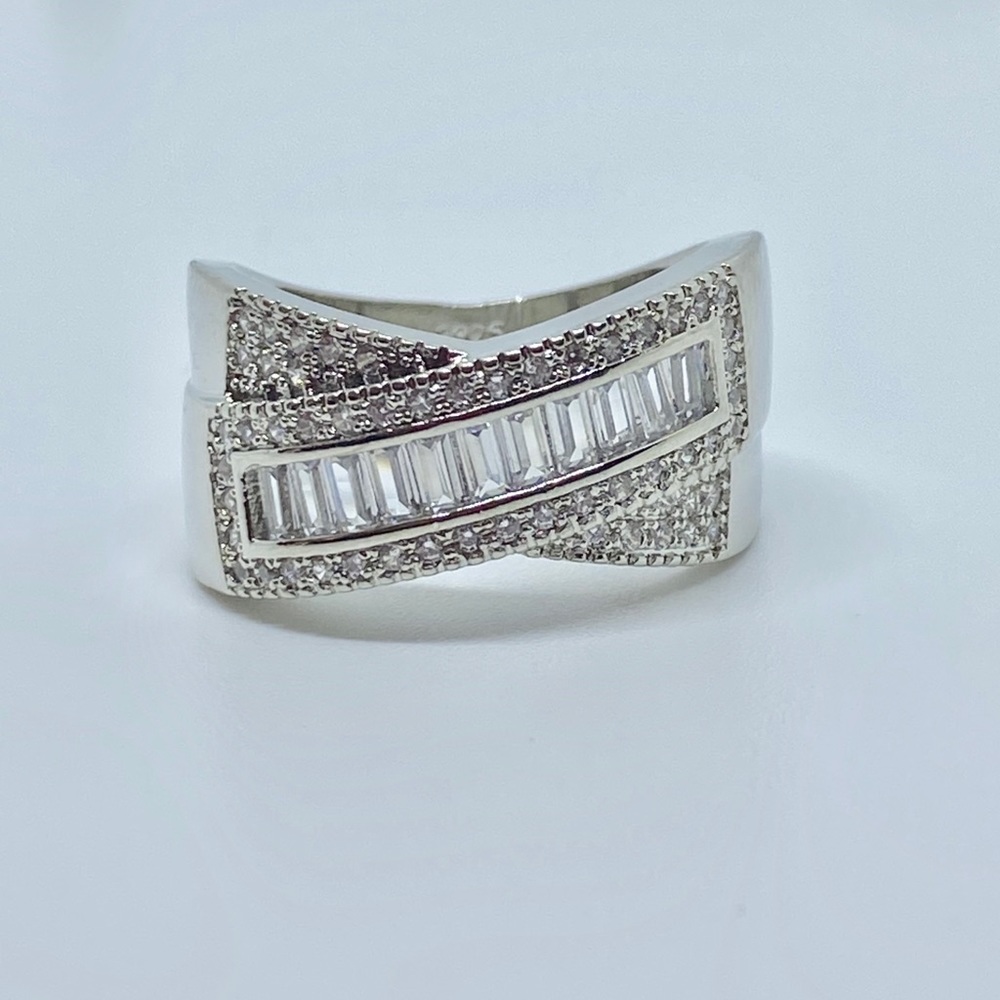 Wide Band Baguette and Round Diamond Sterling - Picture 3 of 9